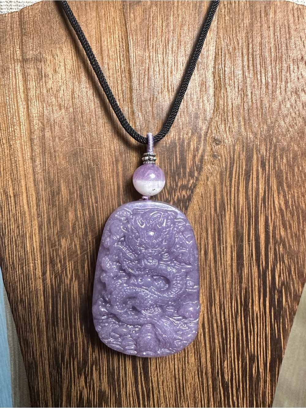 Lavender Carved Ocean Jasper Dragon Pendant Necklace with Half Bowl Amethyst - Picture 7 of 16